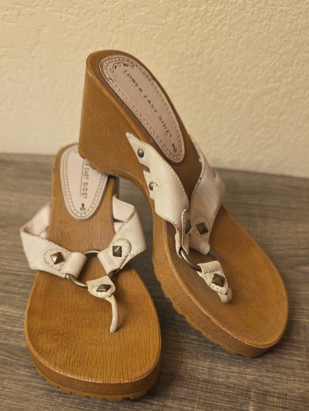 LOWER EAST SIDE Cream and Tan Wedge Thong Sandals